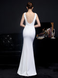 Women Elegant V Neck Backless Party Maxi Dress Beads Formal White Evening Dress