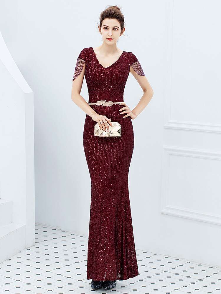 V-neck Sequins Evening Dress Women Elegant Beaded Long Evenning Party Dress Mermaid Formal Dresses