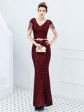 V-neck Sequins Evening Dress Women Elegant Beaded Long Evenning Party Dress Mermaid Formal Dresses