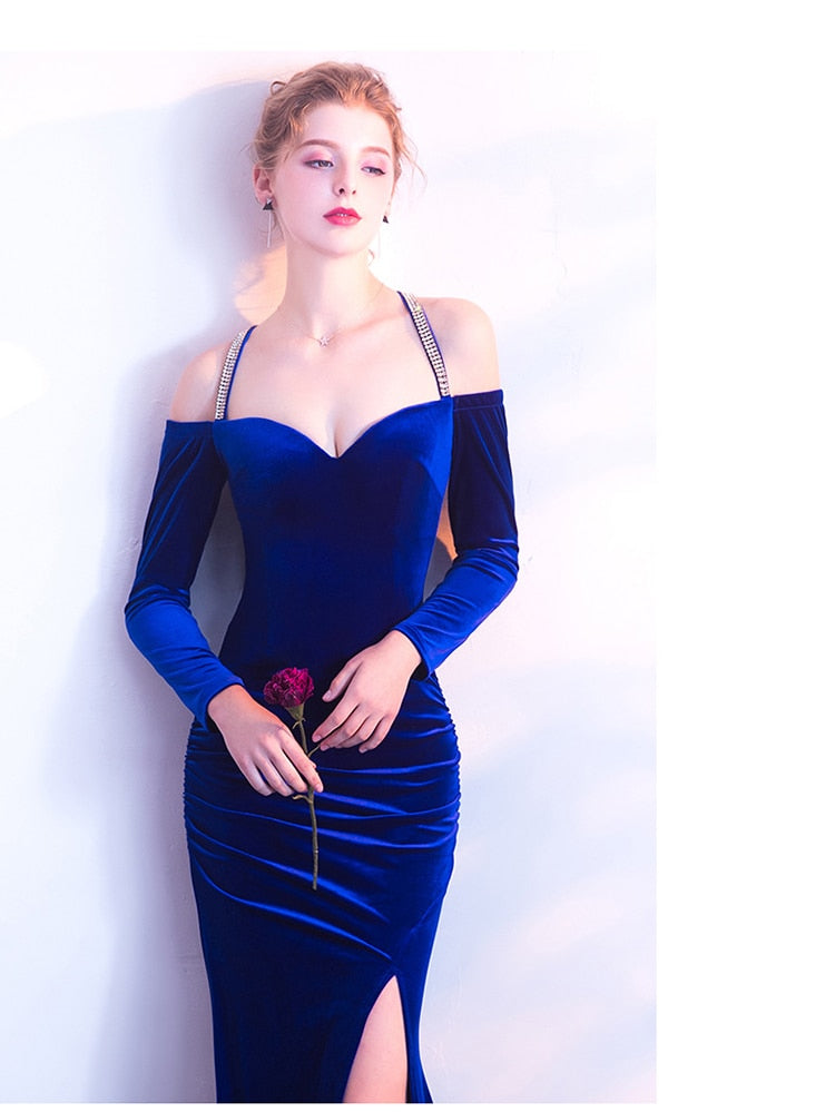 Vintage Velvet Evening Dresses Long-sleeve Off-shoulder Gowns Sexy Backless High Split Robe De Soriee Diamond Formal Dress
