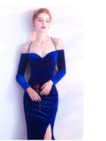 Vintage Velvet Evening Dresses Long-sleeve Off-shoulder Gowns Sexy Backless High Split Robe De Soriee Diamond Formal Dress