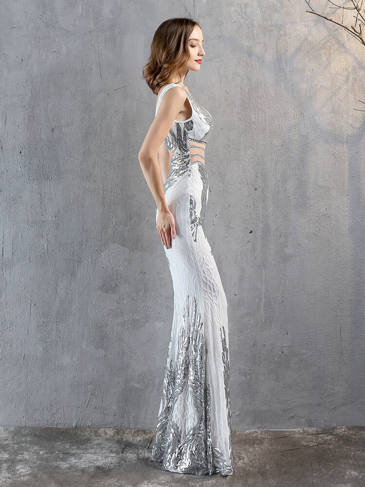 New Sequins Evening Dress Women See-through Beads Long Party Dreess
