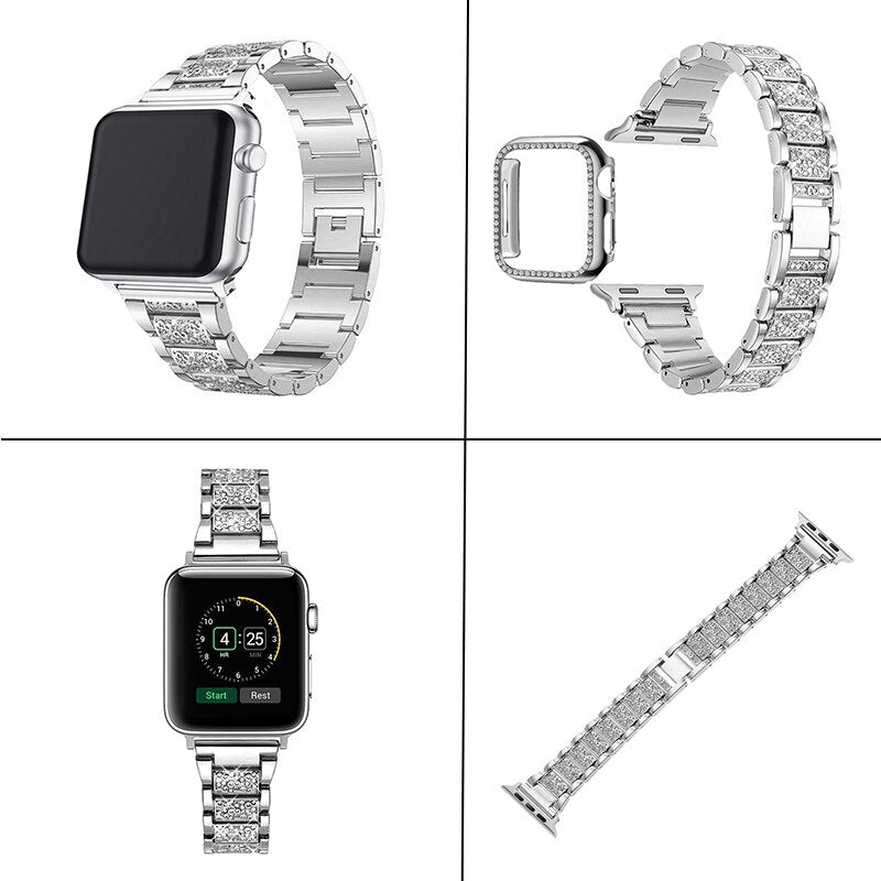 Diamond stainless steel strap With cover for apple watch strap 6 SE 5 4 44mm 40mm iWatch Bands 6 3 38mm 42mm Bracelet watchband