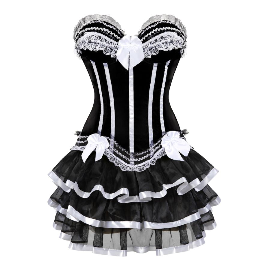 Women Sexy Striped Corset Dress Satin Bow Lace Waist Cincher Corset Bustier Lingerie Top With Mesh Mini Tutu Skirt Set Plus Size
