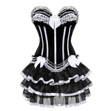 Women Sexy Striped Corset Dress Satin Bow Lace Waist Cincher Corset Bustier Lingerie Top With Mesh Mini Tutu Skirt Set Plus Size