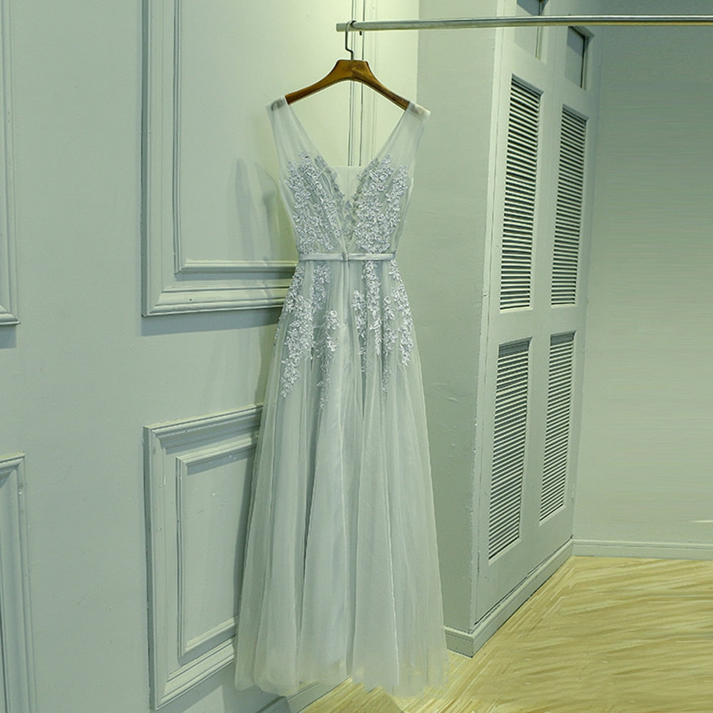 Sexy V-neck Evening Dress Robe De Soiree Tulle With Applique Party Dress Lace Beading Floor-length Prom Dress Bride Banquet Eleg