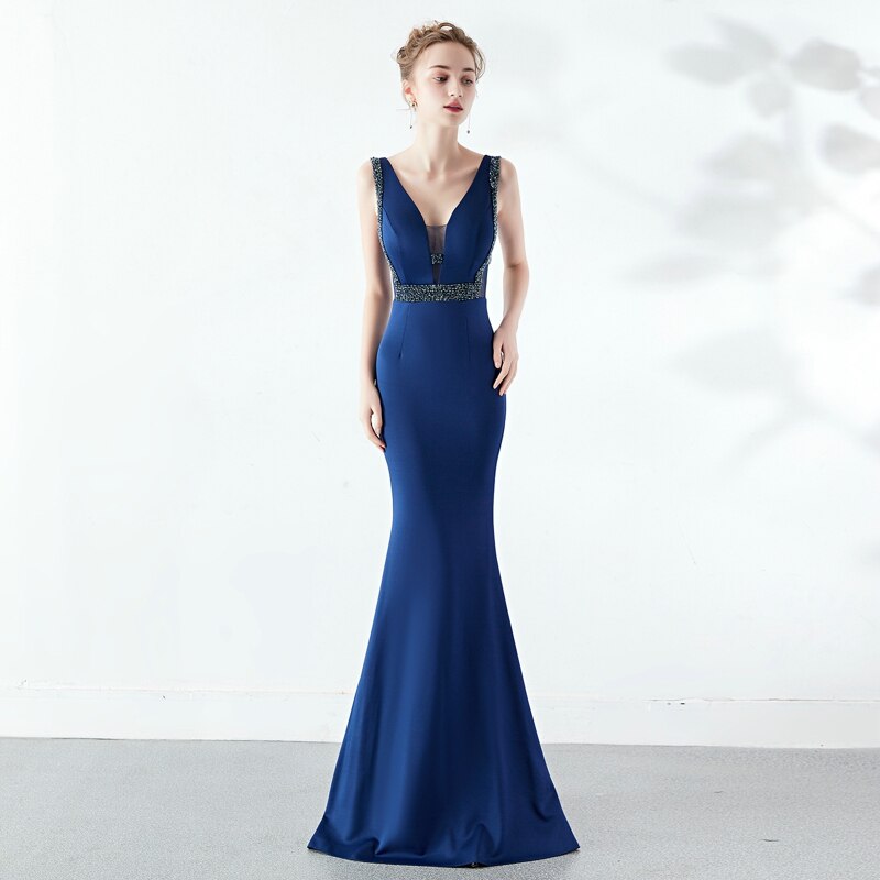 V-neck Elegant Party Dress See-through Beaded Long Evening Dress