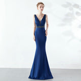 V-neck Elegant Party Dress See-through Beaded Long Evening Dress