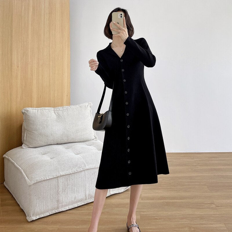 Autumn Winter Women's Long-Sleeved Sweater Outwear Cardigan Suit Collar Singles Breasted Knitted A-line Dress