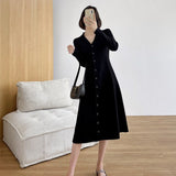 Autumn Winter Women's Long-Sleeved Sweater Outwear Cardigan Suit Collar Singles Breasted Knitted A-line Dress