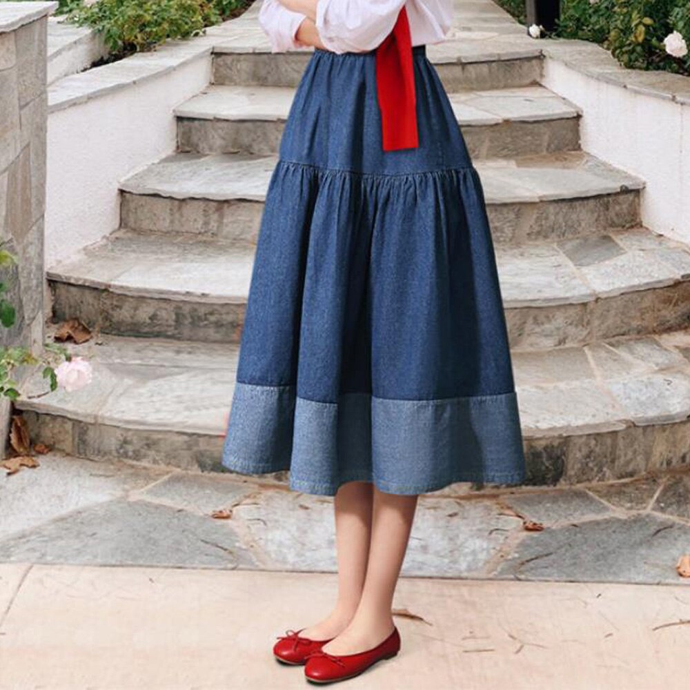 High Waist Pleated A-Line Skirt Female Korean Flared Jean Long Skirt
