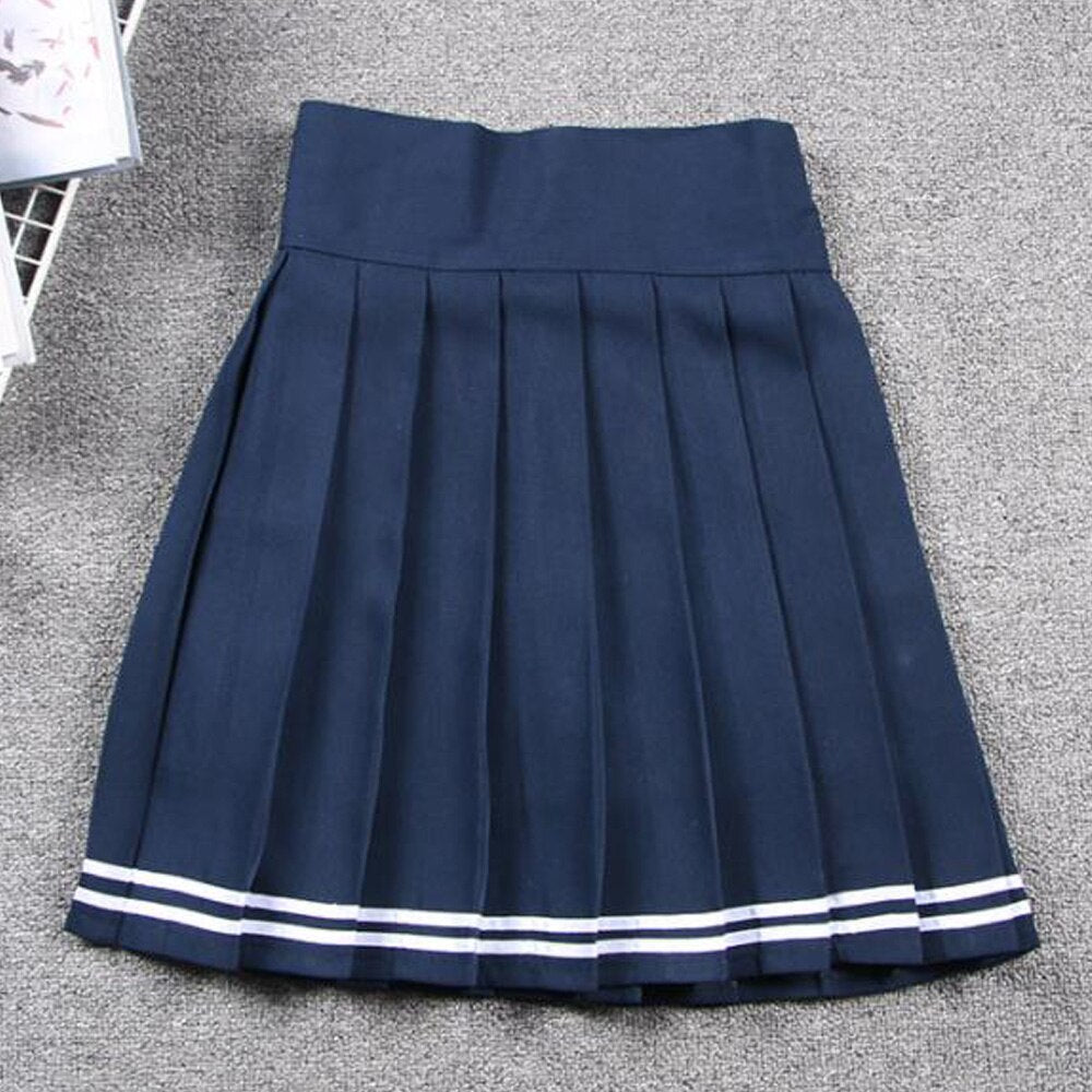 Summer Women Korean Solid Kawaii Big Swing Umbrella High Waist School Ladies Mini Saia Skater Skirt