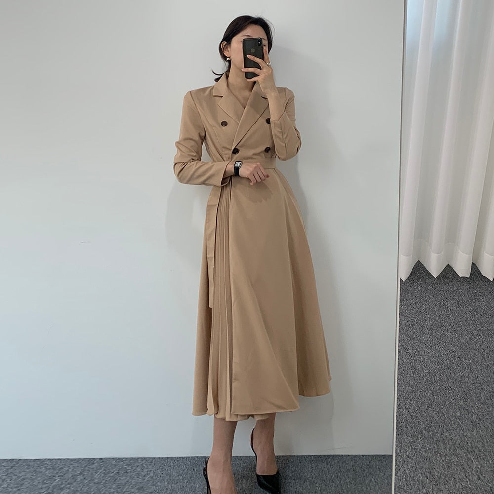 Autumn Women Elegant Pleated Shirt Dresses Full Sleeve Slim Double Breasted Sashes Dress Chic Female Office Lady Maxi Vestidos