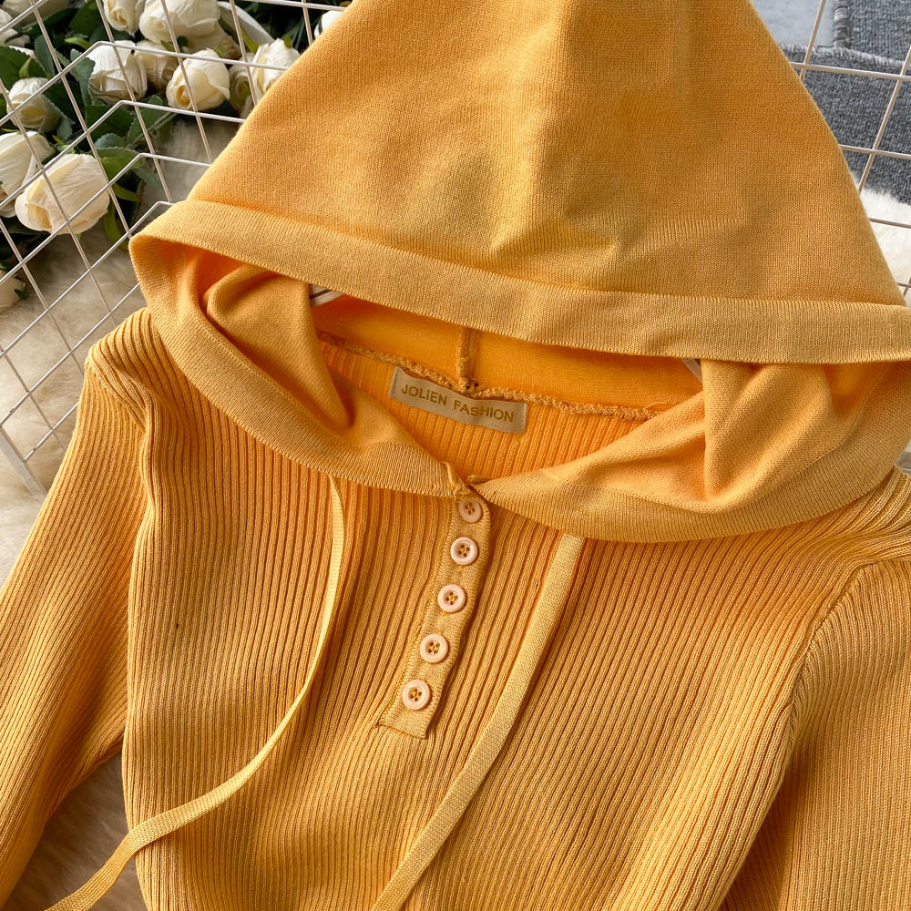 Autumn Winter Women Dresses Long Sleeve Hooded Casual Sweater Dress Button Front Pocket Ribbed Knitted Midi Dress