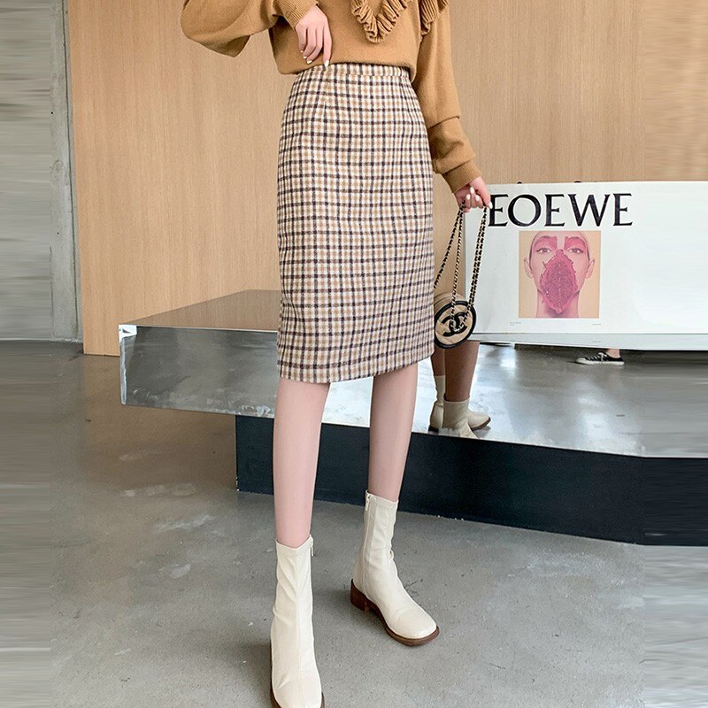 Ladies Elegant Knee-length Pencil Skirts Korean Style Vintage Plaid Woolen High Waist Women Casual Skirt