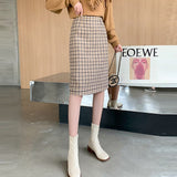 Ladies Elegant Knee-length Pencil Skirts Korean Style Vintage Plaid Woolen High Waist Women Casual Skirt