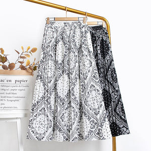 Elegant Vintage Geometric Print Pleated Skirt Women Summer Elastic High Waist Chiffon Midi Skirt