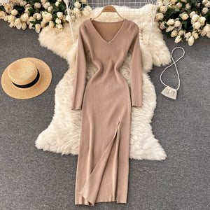 Autumn Winter Midi Dresses For Women Elegant V Neck Long Sleeve Ribbed Knitted Dress With Slit Sexy Bodycon Dress