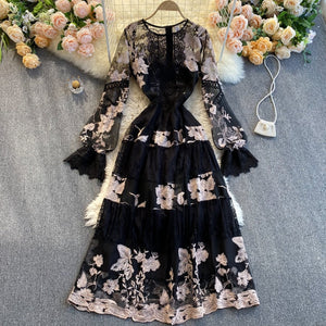 Banulin Fashion Runway Dress Spring Autumn Women's Dress O-Neck Flare Sleeve Flowers Embroidery Elegant Lace Long Dresses