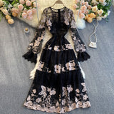 Banulin Fashion Runway Dress Spring Autumn Women's Dress O-Neck Flare Sleeve Flowers Embroidery Elegant Lace Long Dresses