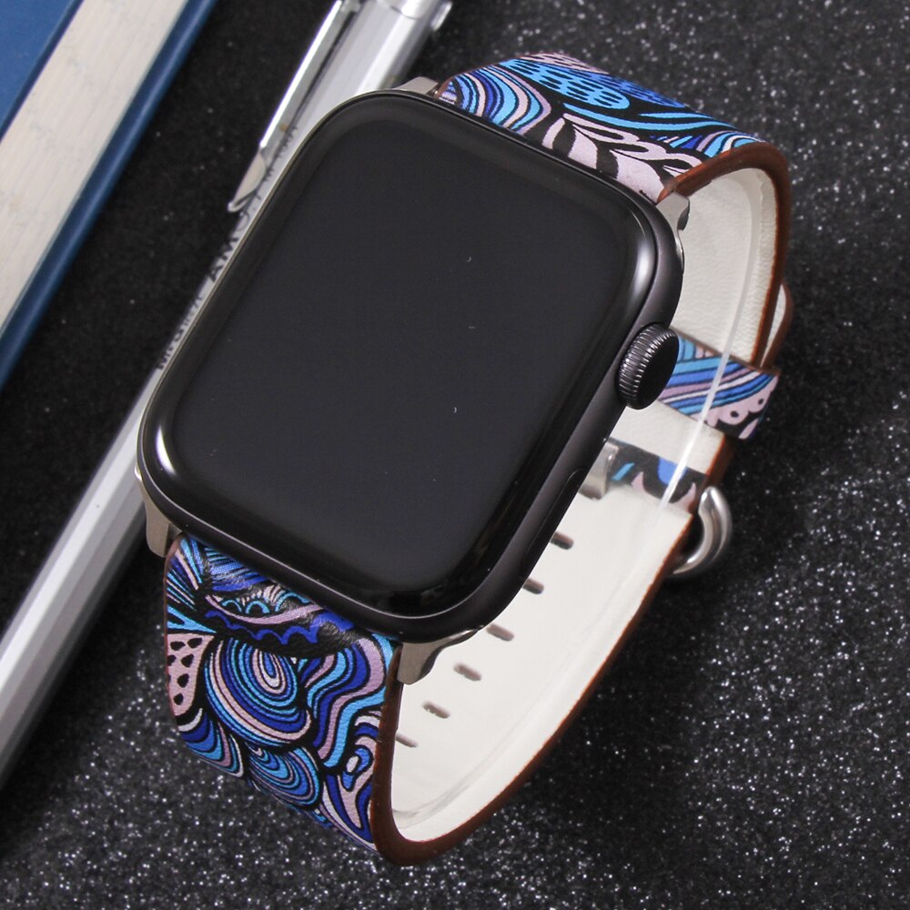 Band for apple watch 5 4/3/2/1 38MM 40MM Floral Paragraph Leather Replacement Strap for Apple iWatch Series 5 4/3/2/1 42 44MM