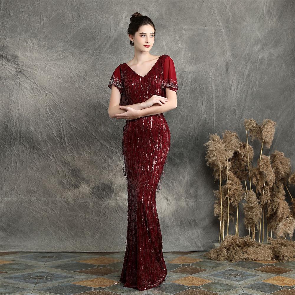 V-neck Mermaid Sequins Evening Dress Women Elegant Long Evening Party –  jetechband