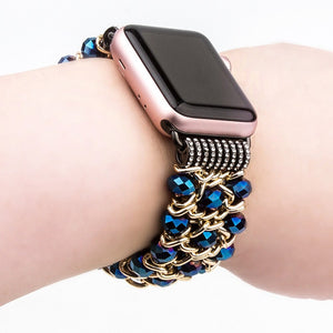 Blue Crystal Strap for Apple Watch Bracelet 38mm 40mm 42mm 44mm Beads Iwatch SE 6 5 4 3 Band with Metal Chain Women Girl Elastic