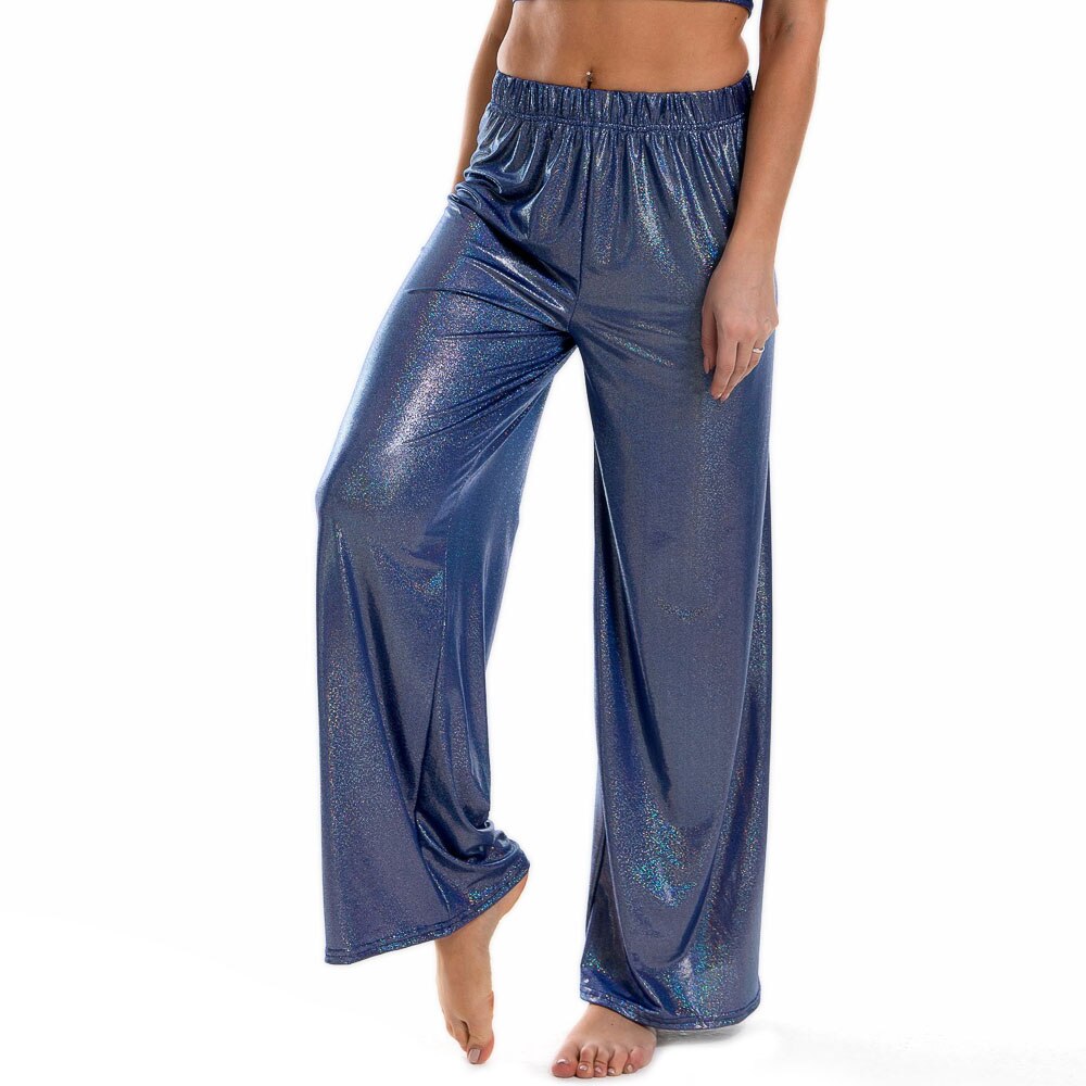 Summer Shiny Women Wide Leg Pants Elastic Waist Loose Casual Metallic  Trousers Femme Long Straight Pants Streetwear - blue / S