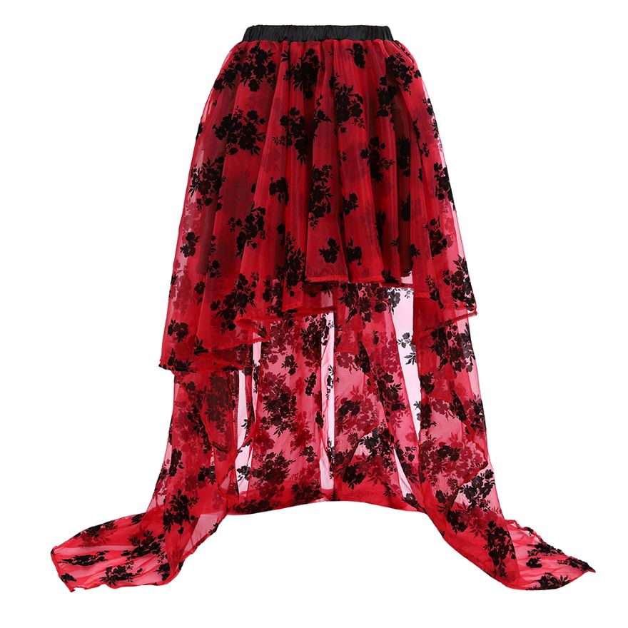 Women Asymmetrical High Low Tulle Long Skirt Wedding Party Fashion Sexy Irregular Floral Skirts Black/White/Black Red Plus Size