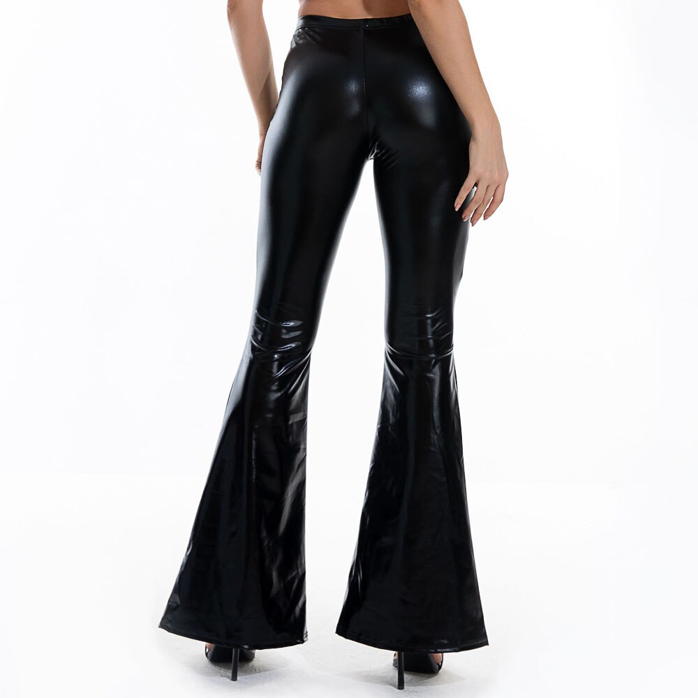 Sexy PU Leather Metallic Shiny Holographic Flare Pants Girls Bodycon  Elastic Waist Bell Bottom Trousers Clubwear - black / S