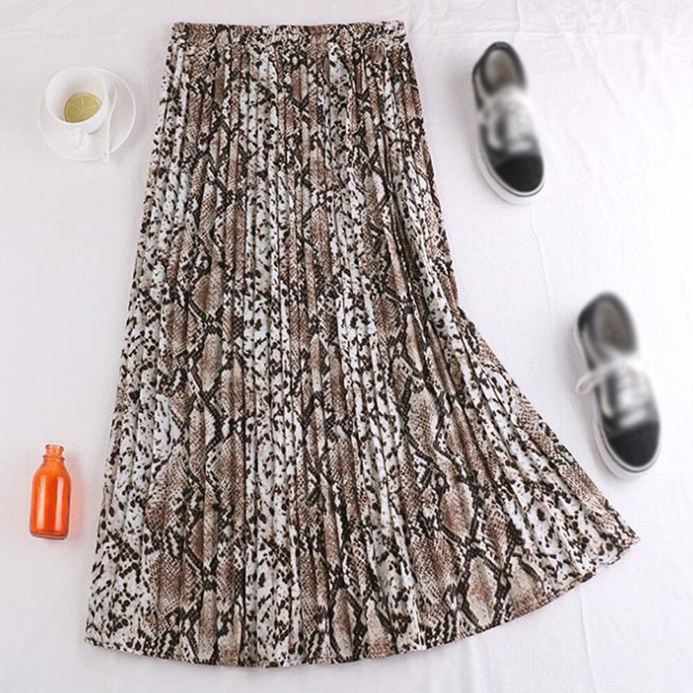 Summer High Waist A-Line Pleated Long Vintage Women Elegant Leopard Snake Printed Maxi Skirt