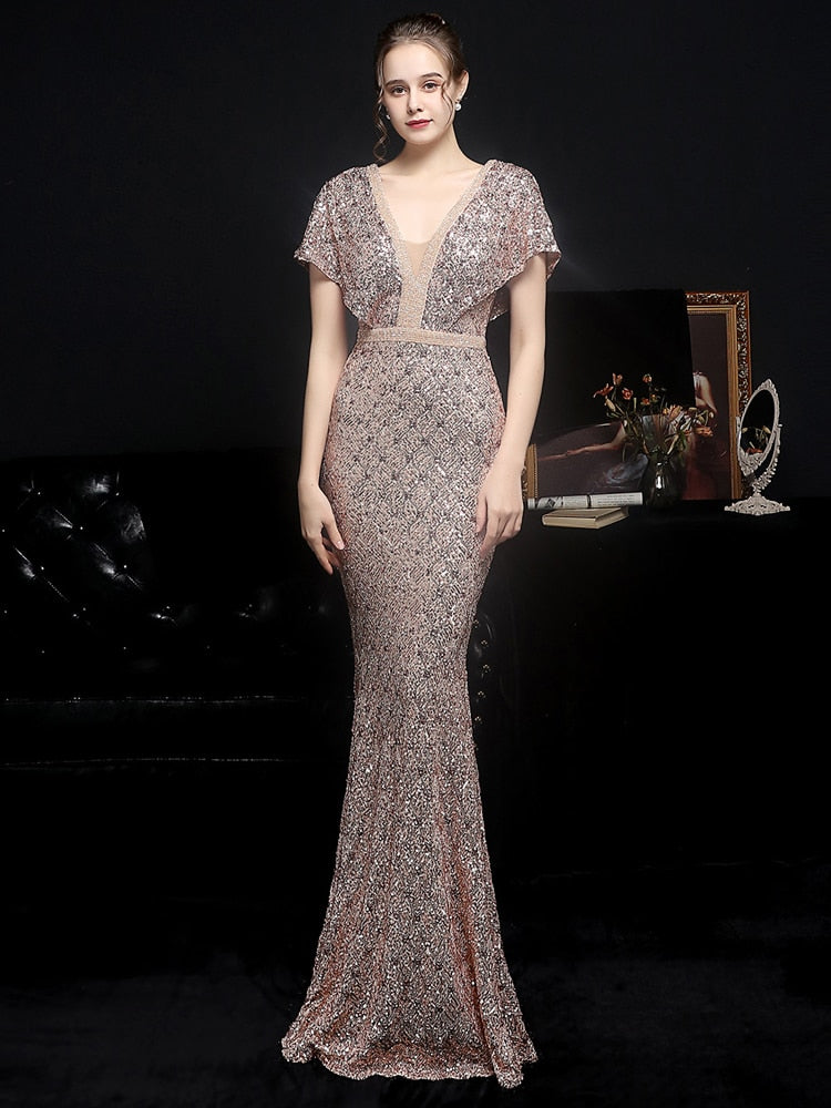Women Gold Sequin Dress V Neck Beaded Party Maxi Elegant Evening Dress