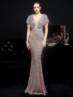 Women Gold Sequin Dress V Neck Beaded Party Maxi Elegant Evening Dress