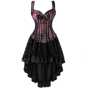 Sexy Zipper Shoulder Straps Overbust Corset Bustier Dress Skirt Set Flower Fancy Costume Gothic Corselet Women Vintage Lingerie