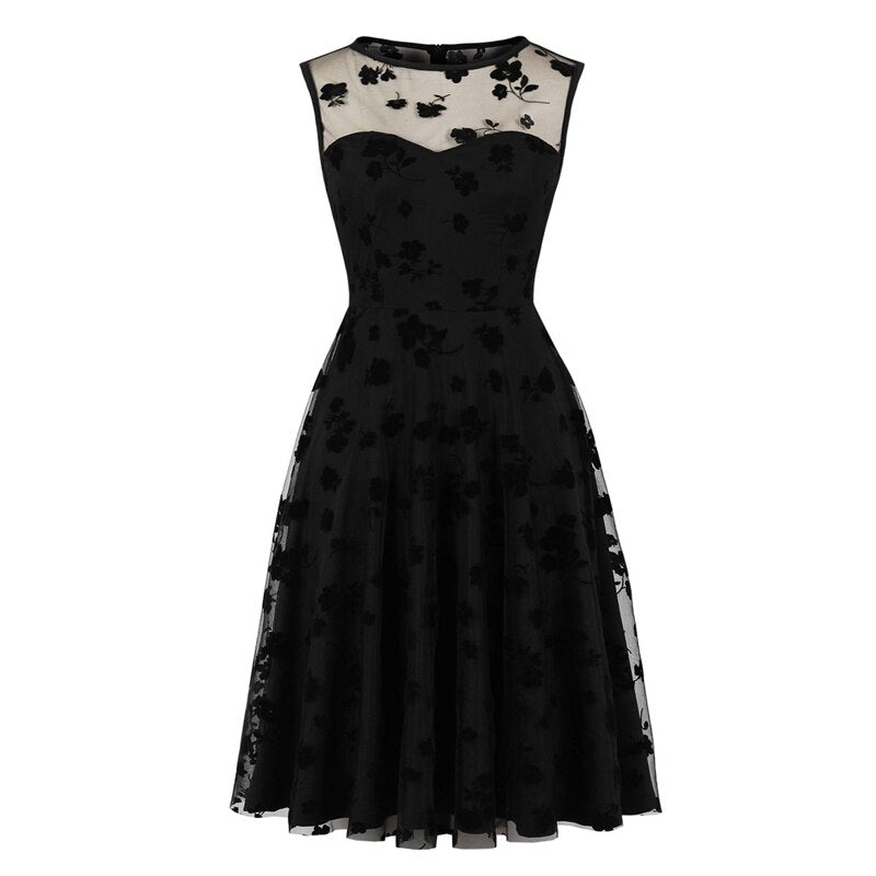Floral Embroidered Mesh Overlay Elegant High Waist Black Tunic Dresses   jetechband