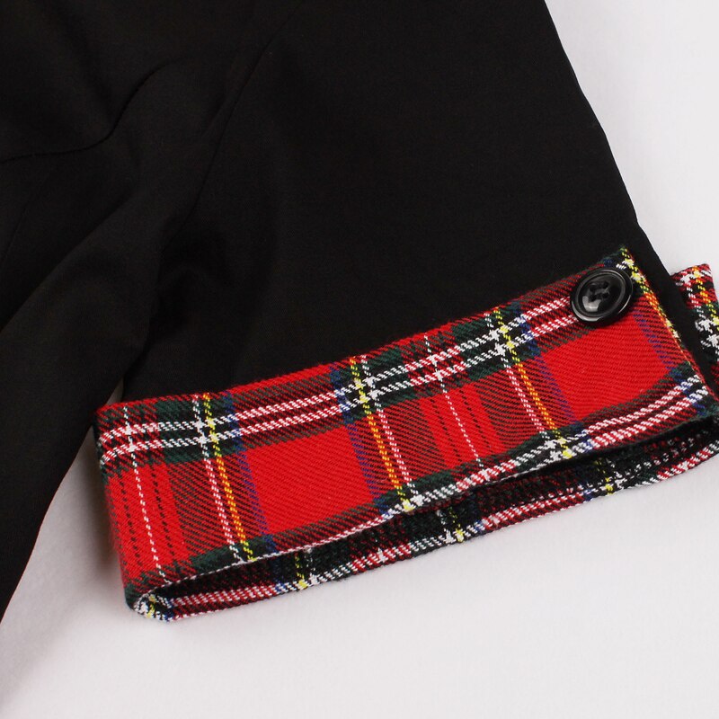 Contrast Tartan Collar and Cuff 1950s Vintage Black Midi Dress Rockabilly Button Up Elegant Women 95% Cotton Swing Dresses