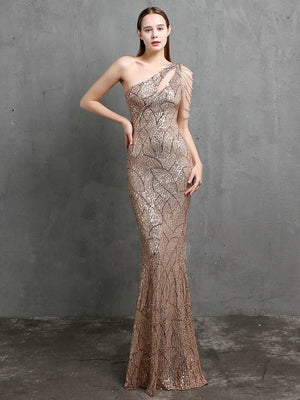 Women Beads Party Maxi Dress Elegant One Shoulder Gold Long Sequin Evening Dress