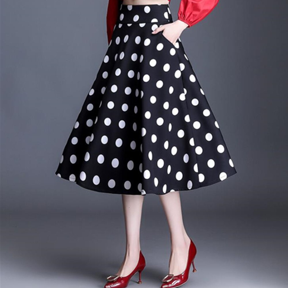 Vintage Polka Dot Long Women Spring Summer Korean A Line Midi High Waist Ladies Retro Skirt
