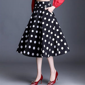 Vintage Polka Dot Long Women Spring Summer Korean A Line Midi High Waist Ladies Retro Skirt
