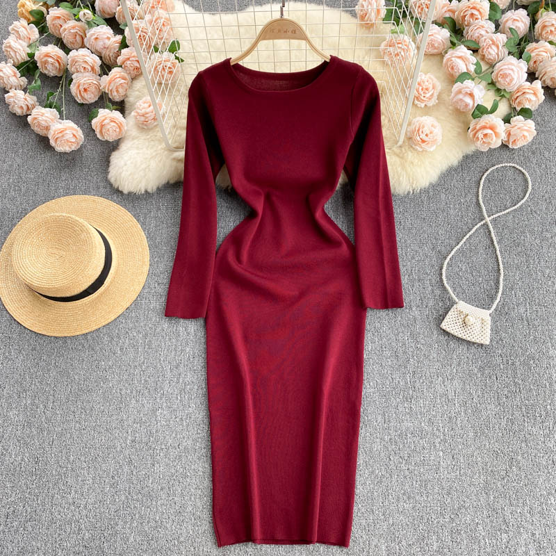 Autumn Winter Sweater Dress Elegant Knitted Bodycon Dress Women Round Neck Long Sleeve Casual Knee Length Midi Dress