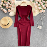 Autumn Winter Sweater Dress Elegant Knitted Bodycon Dress Women Round Neck Long Sleeve Casual Knee Length Midi Dress