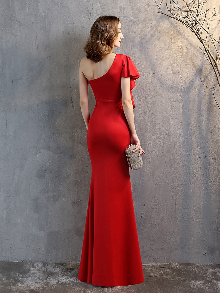 One-shoulder Elegant Long Night Party Dress Christmas Festival Evening Vestidoes Side Slit Lotus Short Sleeve Taffeta Prom Gown