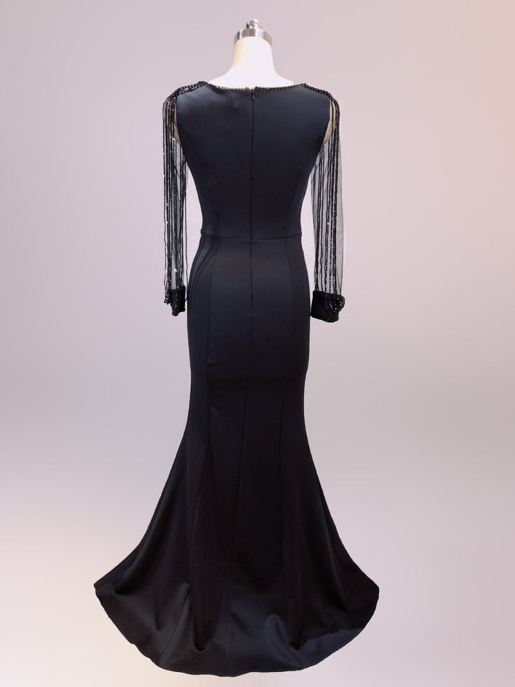 Black Formal Muslim Evening dress Long sleeve Zipper back O-neck Empire Party Gowns Elegant Floor-length Beading Prom dresses