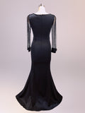 Black Formal Muslim Evening dress Long sleeve Zipper back O-neck Empire Party Gowns Elegant Floor-length Beading Prom dresses