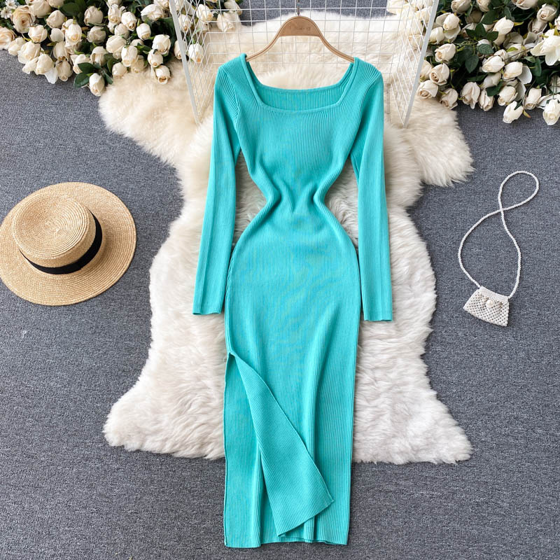 Autumn Winter Elegant Square Neck Long Sleeve Ribbed Knitted Dress Sex jetechband Autumn Winter Elegant Square Neck Long Sleeve Ribbed Knitted Dress Sex jetechband
