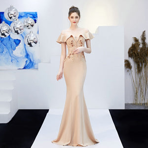 Off Shoulder Elegant Evening Party Dress See-through Appliques Beaded Long Evening Dress