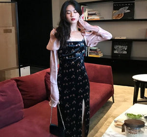 Autumn Vintage Floral Dress Women Casual Korea Fashion Backless Elegant Dress Lady Long Sleeve Evening Party Dress Bandage