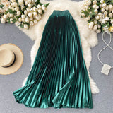 High Waist Long Women Elegant Office Lady Metallic Satin Maxi Pleated Skirt