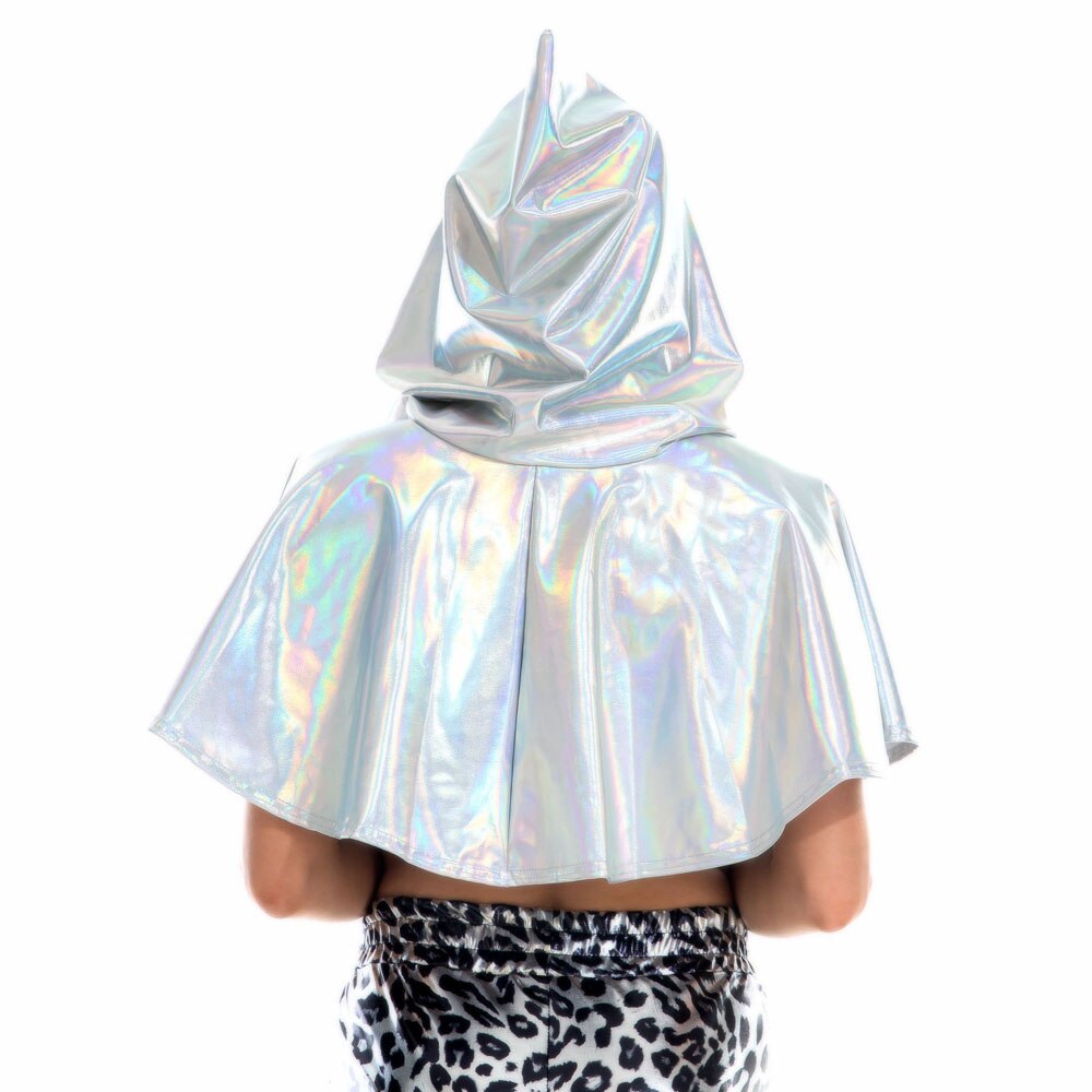Shiny PU Leather Holographic Cape Unisex Cosplay Metallic Death Cape Short Hooded Rave Festival Cloak Hat Halloween Costume