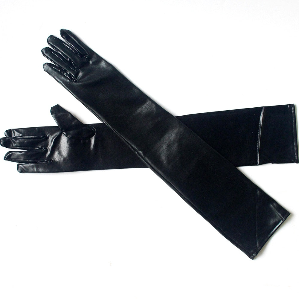 Stretch PU Leather Skinny Long Glove Punk Rock Hip Hop Jazz Disco Dance Gloves Shiny Metallic Mittens Cosplay Accessory